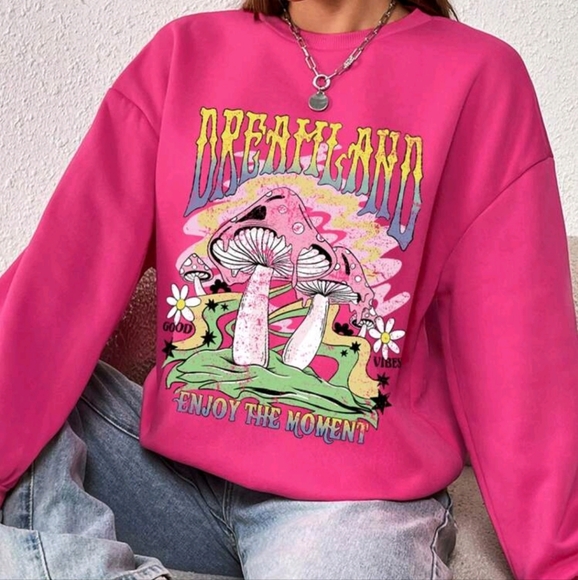 Tops - NEW Hot Pink Mushroom & Letter Graphic Drop Shoulder Sweatshirt Sz Large